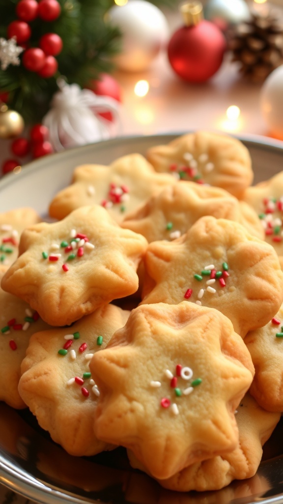 Classic Christmas Cookies Without Icing A plate of classic Christmas cookies in festive shapes, golden brown, with holiday decorations in the background.